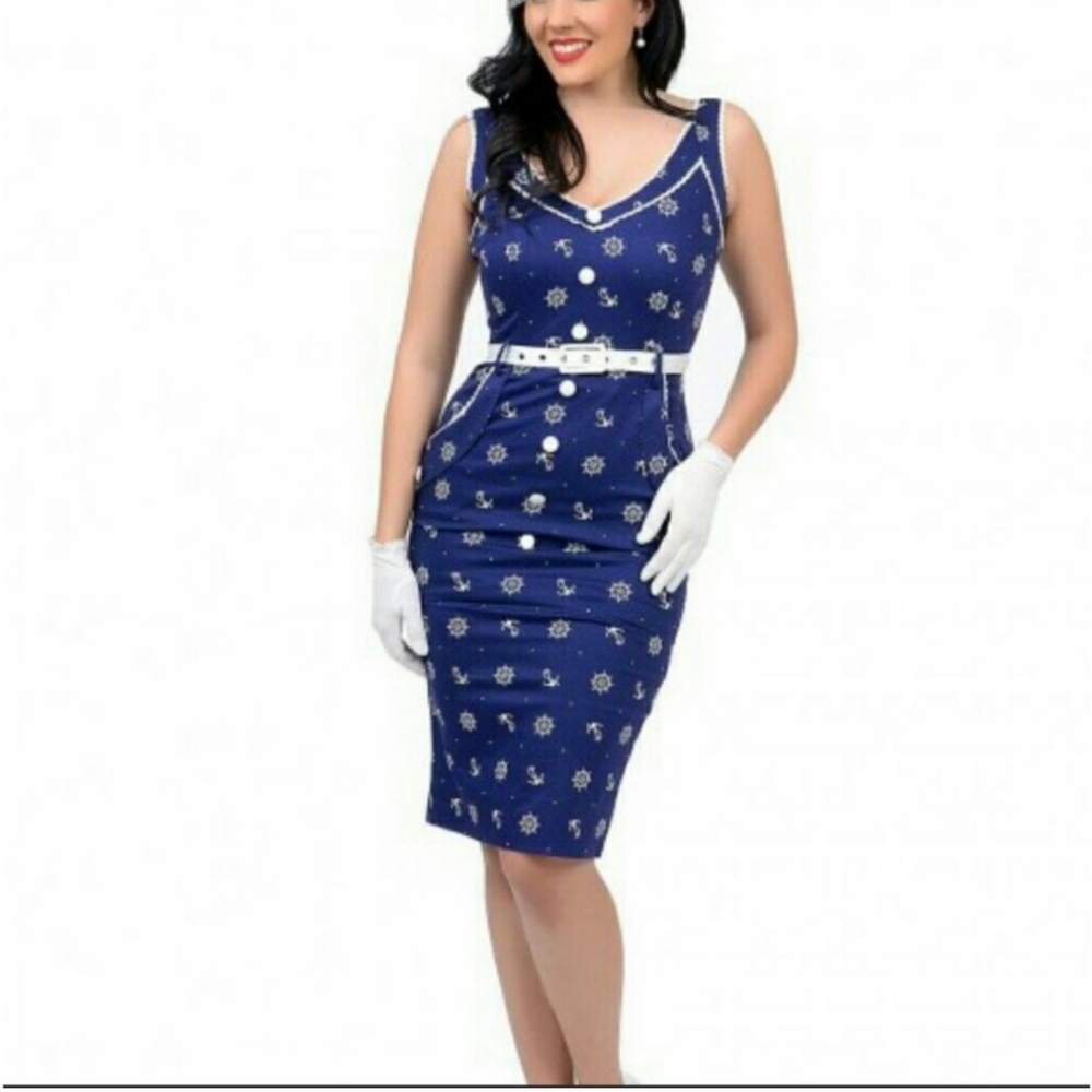 Voodoo Vixen dress womens large Gweneth nautical pencil navy white button pocket